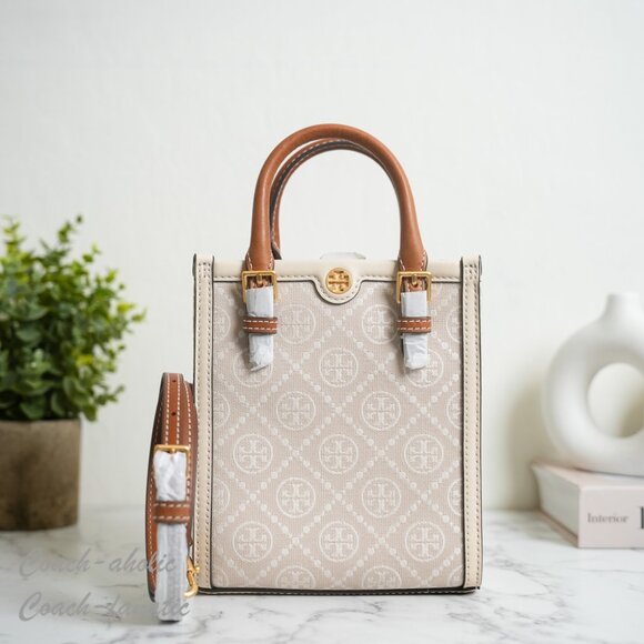 NWT Tory Burch Mini T Monogram North/South Crossbody Tote in Ivory - Picture 1 of 9